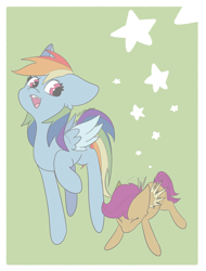 Size: 2328x3060 | Tagged: safe, artist:tkshoelace, rainbow dash, scootaloo, pegasus, pony, g4, buzzing wings, duo, duo female, female, folded wings, stars, wings