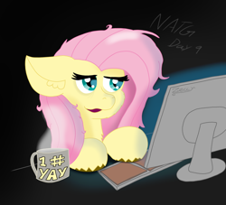 Size: 1822x1652 | Tagged: safe, fluttershy, pegasus, pony, g4, atg 2024, blue light, coffee, computer, lidded eyes, newbie artist training grounds, screen, solo, steam, tired