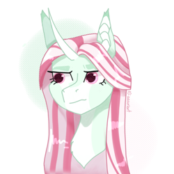 Size: 3000x3000 | Tagged: safe, artist:aasuri-art, oc, oc only, pony, unicorn, bust, curved horn, high res, horn, light skin, pastel colors, pink eyes, pink hair, pink mane, portrait, simple background, solo, white background