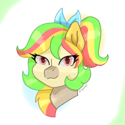 Size: 3000x3000 | Tagged: safe, artist:aasuri-art, pony, bang, bust, colored, colorful, high res, light skin, pink eyes, ponytail, portrait, simple background, solo, white background