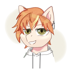 Size: 3000x3000 | Tagged: safe, artist:aasuri-art, earth pony, pony, akito shinonome, anime, anime eyes, anime style, bust, clothes, ear piercing, earring, green eyes, high res, hoodie, jewelry, light skin, piercing, portrait, project sekai, simple background, solo, white background