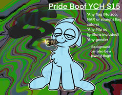 Size: 1348x1048 | Tagged: safe, artist:bluemoon, oc, pony, advertisement, blunt, commission, commission info, drugs, lidded eyes, marijuana, pride, pride month, pride ych, sitting, smoke, smoke weed everyday, smoking, solo, trippy, ych example, your character here