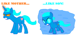 Size: 2504x1160 | Tagged: safe, artist:memeartboi, pegasus, pony, unicorn, g4, angry, blue eyes, colt, duo, duo male and female, female, foal, furious, fury, gritted teeth, gumball watterson, heart, horn, like mother like son, like parent like child, little boy, male, mare, mother, mother and child, mother and son, nicole watterson, orange eyes, overpowered, ponified, red eyes, shield, simple background, teeth, the amazing world of gumball, the limit, white background, wings