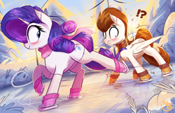 Size: 4363x2823 | Tagged: safe, artist:nevobaster, rarity, oc, oc:rml, pegasus, pony, unicorn, g4, blushing, boots, clothes, duo, duo male and female, female, horn, ice, ice skating, looking back, male, mare, morning, pegasus oc, scarf, shoes, smiling, snow, socks, stallion, struggling, winter, worried