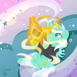 Size: 3500x3500 | Tagged: safe, artist:brella, lyra heartstrings, pony, unicorn, fanfic:background pony, g4, clothes, dig the swell hoodie, high res, hoodie, horn, lyre, magic, magic aura, musical instrument, smiling, solo, telekinesis