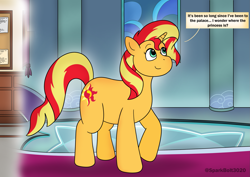 Size: 2283x1614 | Tagged: safe, artist:sparkbolt3020, part of a set, sunset shimmer, pony, unicorn, g4, female, horn, implied princess celestia, pony to human, pre-transformation, raised hoof, reality shift, smiling, solo, speech bubble, transformation