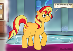 Size: 2283x1614 | Tagged: safe, artist:sparkbolt3020, part of a set, sunset shimmer, pony, unicorn, g4, backwards cutie mark, female, horn, implied princess celestia, pony to human, pre-transformation, raised hoof, reality shift, smiling, solo, speech bubble, transformation