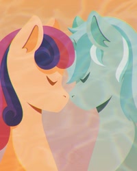 Size: 1000x1250 | Tagged: safe, artist:markyoureye, bon bon, lyra heartstrings, sweetie drops, earth pony, pony, unicorn, g4, atg 2024, bust, duo, duo female, eyes closed, female, horn, lesbian, newbie artist training grounds, nose to nose, portrait, ship:lyrabon, shipping