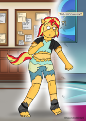 Size: 1614x2283 | Tagged: safe, artist:sparkbolt3020, part of a set, sunset shimmer, human, pony, unicorn, equestria girls, g4, clothes, exclamation point, female, horn, interrobang, mid-transformation, open mouth, pony to human, question mark, reality shift, shocked, shocked expression, solo, speech bubble, transformation, transforming clothes