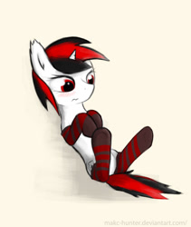 Size: 912x1080 | Tagged: safe, artist:makc-hunter, oc, oc only, oc:blackjack, pony, unicorn, fallout equestria, fallout equestria: project horizons, blushing, clothes, ear fluff, fanfic art, horn, lying down, on back, simple background, small horn, socks, solo, spread legs, spreading, striped socks, thigh highs, yellow background