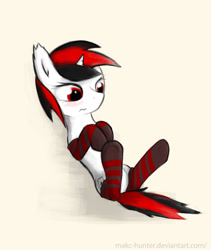 Size: 912x1080 | Tagged: safe, artist:makc-hunter, oc, oc only, oc:blackjack, pony, unicorn, fallout equestria, fallout equestria: project horizons, blush lines, blushing, clothes, ear fluff, fanfic art, horn, legs in air, lying down, on back, red eyes, simple background, small horn, socks, solo, spread legs, spreading, striped socks, thigh highs, yellow background