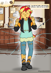Size: 1614x2283 | Tagged: safe, artist:sparkbolt3020, part of a set, sunset shimmer, human, pony, unicorn, equestria girls, g4, backpack, book, clothes, eyes closed, female, horn, mid-transformation, open mouth, pony to human, reality shift, solo, speech bubble, thought bubble, transformation, transforming clothes