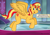 Size: 2283x1614 | Tagged: safe, artist:sparkbolt3020, part of a set, sunset shimmer, alicorn, pony, g4, alicornified, female, flying, human to pony, implied princess celestia, open mouth, open smile, post-transformation, race swap, shimmercorn, smiling, solo, speech bubble, transformation