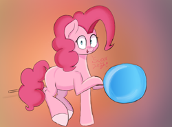 Size: 2700x2000 | Tagged: safe, artist:psychotix, pinkie pie, earth pony, pony, g4, candy, food, gradient background, lollipop, looking at you, missing cutie mark, pinkie being pinkie, riding, shrunken pupils, smiling, solo, speech, talking