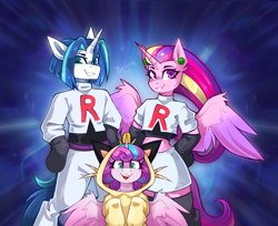 Size: 2598x2123 | Tagged: safe, artist:buvanybu, princess cadance, princess flurry heart, shining armor, alicorn, meowth, unicorn, semi-anthro, g4, alternate hairstyle, boots, clothes, cosplay, costume, crossover, cute, cutedance, featured image, flurrybetes, grin, high res, horn, james, jessie, kigurumi, microskirt, miniskirt, open mouth, open smile, pokémon, shining adorable, shoes, skirt, smiling, team rocket, thigh boots, trio