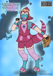 Size: 1614x2283 | Tagged: safe, artist:sparkbolt3020, part of a set, ocellus, human, g4, ben 10, book, brushing teeth, female, human coloration, humanized, kineceleran, mid-transformation, natural hair color, omnitrix, solo, speech bubble, speech change, toothbrush, toothpaste, transformation