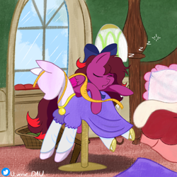 Size: 3070x3070 | Tagged: safe, artist:juniverse, oc, oc:casandra carat, pegasus, bedroom, clothes, colored, commission, dress, pony mannequin, ribbon, sleeping, tired, window, worked too hard