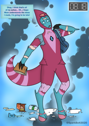 Size: 1614x2283 | Tagged: safe, artist:sparkbolt3020, part of a set, ocellus, human, g4, backpack, ben 10, book, cereal, cereal box, female, food, human coloration, humanized, kineceleran, mid-transformation, milk, natural hair color, omnitrix, open mouth, solo, speech bubble, speech change, toothpaste, transformation