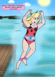Size: 1614x2283 | Tagged: safe, artist:sparkbolt3020, part of a set, ocellus, human, g4, ben 10, clothes, cloud, female, human coloration, humanized, jumping, lake, mid-transformation, natural hair color, omnitrix, open mouth, pier, ripjaws, sky, solo, speech bubble, sun, swimsuit, transformation, tree, water