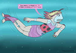 Size: 2283x1614 | Tagged: safe, artist:sparkbolt3020, part of a set, ocellus, human, g4, ben 10, bubble, clothes, female, human coloration, humanized, mid-transformation, natural hair color, omnitrix, ripjaws, solo, speech bubble, swimsuit, transformation, underwater, water