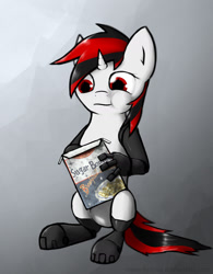 Size: 1110x1422 | Tagged: safe, artist:makc-hunter, oc, oc only, oc:blackjack, cyborg, cyborg pony, pony, unicorn, fallout equestria, fallout equestria: project horizons, amputee, augmented, cereal, cereal box, cute, cyber legs, eating, fanfic art, female, food, gray background, horn, level 2 (project horizons), mare, prosthetic limb, prosthetics, simple background, small horn, solo, sugar apple bombs, sugar bombs