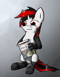 Size: 1110x1422 | Tagged: safe, artist:makc-hunter, oc, oc only, oc:blackjack, cyborg, cyborg pony, pony, unicorn, fallout equestria, fallout equestria: project horizons, amputee, augmented, cereal, cereal box, cute, cyber legs, eating, fanfic art, female, food, gray background, horn, level 2 (project horizons), mare, prosthetic limb, prosthetics, red eyes, simple background, small horn, solo, sugar apple bombs, sugar bombs