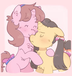 Size: 872x916 | Tagged: safe, artist:mikako, oc, oc only, pony, unicorn, bisexual pride flag, chest fluff, cute, elbow fluff, female, fluffy, horn, hug, lesbian, lesbian pride flag, lgbt, pride, pride flag, pride month