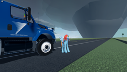 Size: 1858x1057 | Tagged: safe, rainbow dash, pegasus, pony, g4, doppler on wheels, female, game screencap, roblox, solo, tornado, truck, twisted (game)