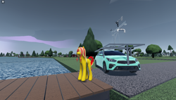 Size: 1858x1057 | Tagged: safe, sunset shimmer, pony, unicorn, g4, car, female, game screencap, horn, roblox, solo, twisted (game), vehicle