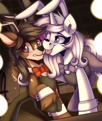 Size: 3800x4500 | Tagged: safe, artist:shadowreindeer, fleur-de-lis, oc, oc:ephraim, deer, pony, unicorn, g4, ;p, blush lines, blushing, bunny suit, clothes, commission, crossdressing, duo, eye clipping through hair, eyebrows, eyebrows visible through hair, female, heart, horn, looking at someone, looking away, male, one eye closed, tongue out, ych result