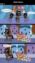Size: 1920x3516 | Tagged: safe, artist:platinumdrop, apple bloom, king sombra, princess flurry heart, scootaloo, sweetie belle, crystal pony, earth pony, pegasus, pony, unicorn, comic:dark heart, g4, 3 panel comic, abuse, alternate timeline, applebuse, armor, bowing, chains, collar, comic, commission, crystal, crystal castle, crystal empire, curved horn, cutie mark crusaders, dialogue, female, folded wings, glowing, glowing eyes, guard, helmet, horn, looking at someone, male, mare, mask, mind control, nervous, older, older apple bloom, older cmc, older scootaloo, older sweetie belle, scootabuse, ship:flurrybra, shipping, slave, slave collar, sombra soldier, spear, speech bubble, stallion, straight, sweetiebuse, victorious villain, walking, weapon, wings