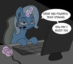 Size: 1600x1411 | Tagged: safe, artist:doodledonutart, trixie, pony, unicorn, g4, atg 2024, bags under eyes, call center, computer, computer mouse, dialogue, female, headset mic, horn, keyboard, magic, mare, newbie artist training grounds, open mouth, solo, speech bubble, tech support