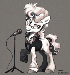 Size: 2312x2500 | Tagged: safe, artist:askometa, svengallop, earth pony, pony, bowtie, curly hair, curly mane, curly tail, glasses, microphone, monochrome, new outfit, simple background, singing, solo, tail