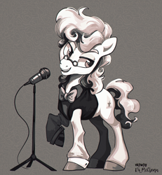 Size: 2312x2500 | Tagged: safe, artist:askometa, svengallop, earth pony, pony, g4, bowtie, curly hair, curly mane, curly tail, glasses, male, microphone, monochrome, new outfit, singing, solo, stallion, tail