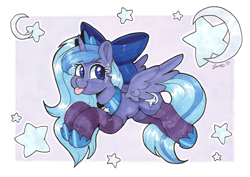 Size: 4104x2904 | Tagged: safe, artist:dandy, oc, oc only, oc:lulu star moonie, alicorn, pony, :p, alicorn oc, bow, clothes, copic, cute, female, filly, flying, foal, horn, jewelry, looking at you, marker drawing, not luna, regalia, socks, solo, stars, striped socks, tongue out, traditional art, wings