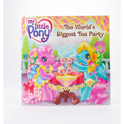 Size: 400x400 | Tagged: safe, artist:lyn fletcher, pinkie pie (g3), thistle whistle, bird, earth pony, pegasus, pony, g3, my little pony live: the world's biggest tea party, official, blushing, book, book cover, cover, cup, duo, duo female, female, hat, mare, sugarcube, tea party, teacup, teapot