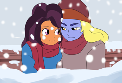 Size: 1280x879 | Tagged: safe, artist:qsky, color edit, edit, hoo'far, saffron masala, human, equestria girls, g4, clothes, colored, duo, duo male and female, equestria girls-ified, female, male, saf'far, scarf, shipping, snow, snowfall, straight