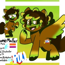 Size: 896x896 | Tagged: safe, artist:comicmaker, oc, oc only, oc:comic maker, pegasus, pony, bad cropping, colored hooves, colored wings, female, folded wings, golden eyes, gradient legs, gradient wings, green background, implied cloudsdale, lesbian pride flag, mare, open mouth, open smile, passepartout, pegasus oc, pride, pride flag, raised hoof, rearing, reference sheet, simple background, smiling, solo, spread wings, tail, teenager, unshorn fetlocks, wings
