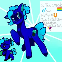 Size: 896x896 | Tagged: safe, artist:comicmaker, oc, oc only, oc:suited emrald, earth pony, pony, earth pony oc, eyes closed, male, open mouth, open smile, pride, pride flag, raised hoof, reference sheet, smiling, solo, spread wings, tail, unshorn fetlocks, wings