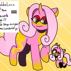 Size: 896x896 | Tagged: safe, artist:comicmaker, oc, oc only, oc:golden lace, pony, unicorn, female, horn, mare, one eye closed, raised hoof, reference sheet, smiling, solo, tail, unicorn oc