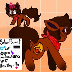 Size: 896x896 | Tagged: safe, artist:comicmaker, oc, oc only, oc:solar burst, pony, unicorn, butt, clothes, colored pinnae, glowing horn, gradient legs, horn, implied ponyville, looking back, magic, magic aura, male, neckerchief, open mouth, open smile, orange background, patterned background, plot, pride, pride flag, purple eyes, reference sheet, scarf, simple background, smiling, solo, stallion, straight pride flag, tail, teenager, unicorn oc