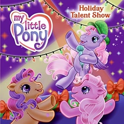 Size: 1000x998 | Tagged: safe, artist:carlo loraso, pinkie pie (g3), scootaloo (g3), starsong, earth pony, pegasus, pony, g3, official, book, book cover, cover, female, hat, heart, heart eyes, holiday talent show, mare, microphone, singing, starry eyes, trio, trio female, wingding eyes