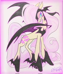 Size: 1727x2048 | Tagged: safe, artist:creeate97, fluttershy, bat pony, pony, bat ponified, concave belly, flutterbat, long mane, long tail, race swap, slender, solo, tail, tall, thin