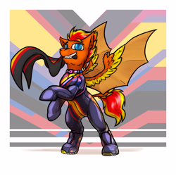 Size: 3000x3000 | Tagged: safe, artist:krd, oc, oc only, oc:fireheart(fire), bat pony, pony, bat pony oc, bisexual pride flag, latex, latex boots, latex suit, mouth hold, pride, pride flag, pride month, rubber, rubber boots, rubber pride flag, rubber suit, solo