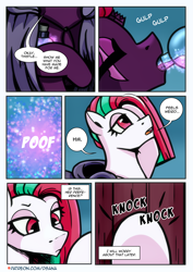 Size: 2480x3508 | Tagged: safe, artist:dsana, fizzlepop berrytwist, tempest shadow, pony, unicorn, comic:a storm's lullaby, g4, disguise, female, horn, knocking, mare, potion, race swap, solo, transformation