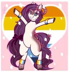 Size: 1200x1250 | Tagged: safe, artist:queenkittyok, oc, oc only, oc:anthea, earth pony, pony, aroace pride flag, bipedal, commission, female, heart, heart background, mare, photo, pride, pride flag, pride month, solo, ych result, your character here