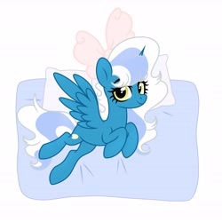 Size: 6890x6890 | Tagged: safe, artist:riofluttershy, oc, oc only, oc:fleurbelle, alicorn, pony, alicorn oc, blanket, bow, female, hair bow, horn, lying down, mare, pillow, simple background, smiling, solo, white background, wings, yellow eyes