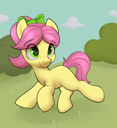 Size: 2978x3255 | Tagged: safe, artist:dumbwoofer, posey bloom, earth pony, pony, g5, blank flank, bow, bush, cloud, cloudy, female, filly, foal, grass, hair bow, looking at you, outdoors, prancing, smiling, solo