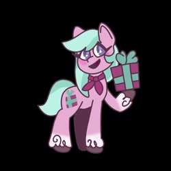 Size: 1000x1000 | Tagged: safe, artist:comicmaker, dahlia, earth pony, pony, g5, black background, blushing, female, mare, open mouth, open smile, present, raised hoof, simple background, smiling, solo, sticker design, tail, unshorn fetlocks