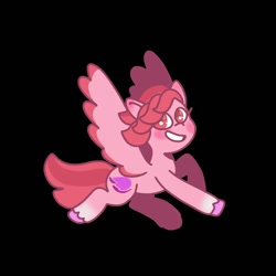 Size: 1000x1000 | Tagged: safe, artist:comicmaker, windy, pegasus, pony, g5, black background, blushing, female, flying, grin, looking at you, mare, simple background, smiling, solo, spread wings, sticker design, tail, unshorn fetlocks, wings